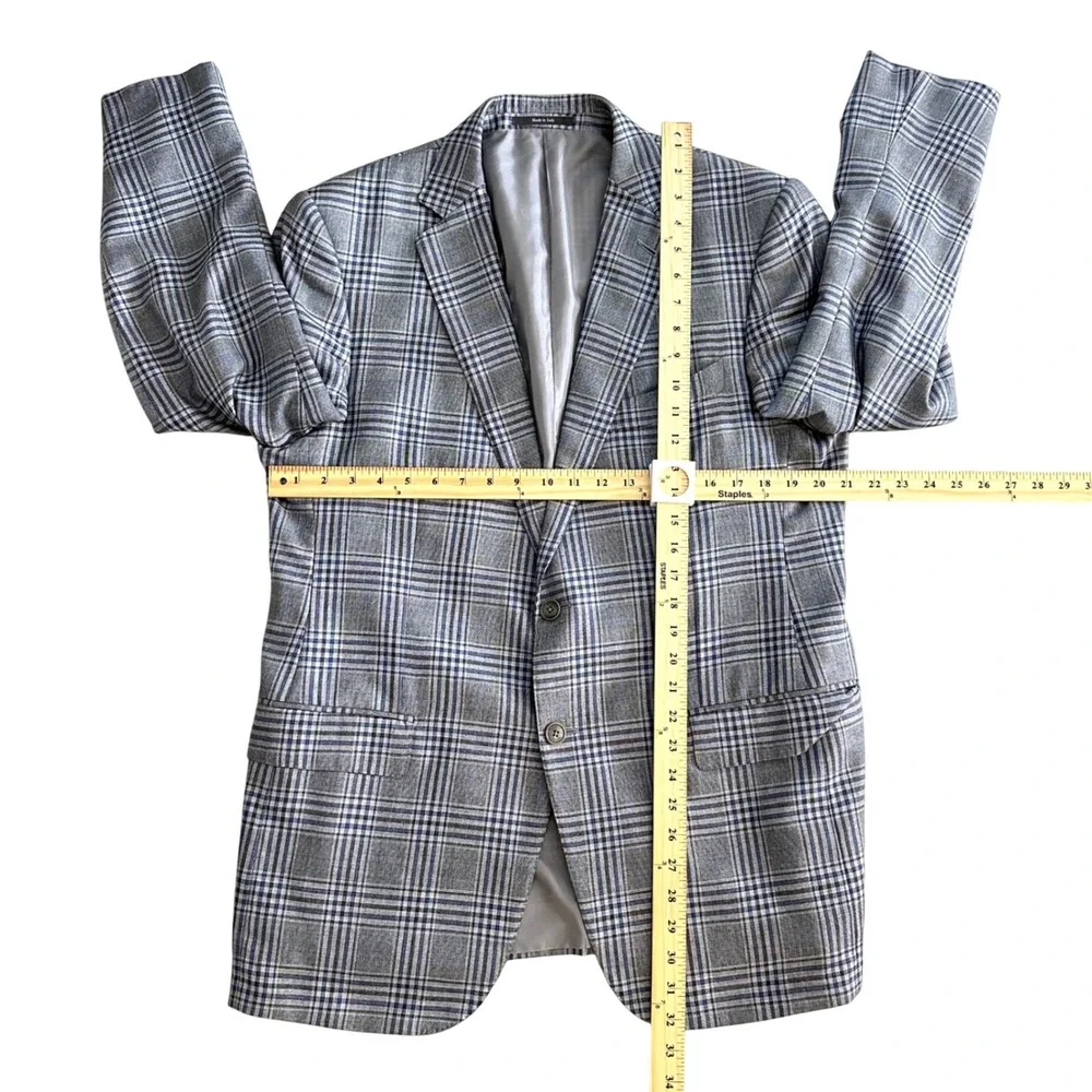 Ermenegildo Zegna Cashmere Silk Sport Coat Grey Blue Plaid Blazer Italy 44R US